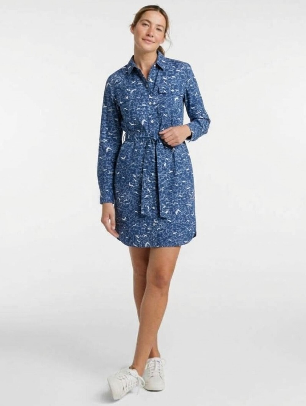 L.L. Bean Signature Camp Shirt Dress Women’s Large Deep Nautical Blue Birds